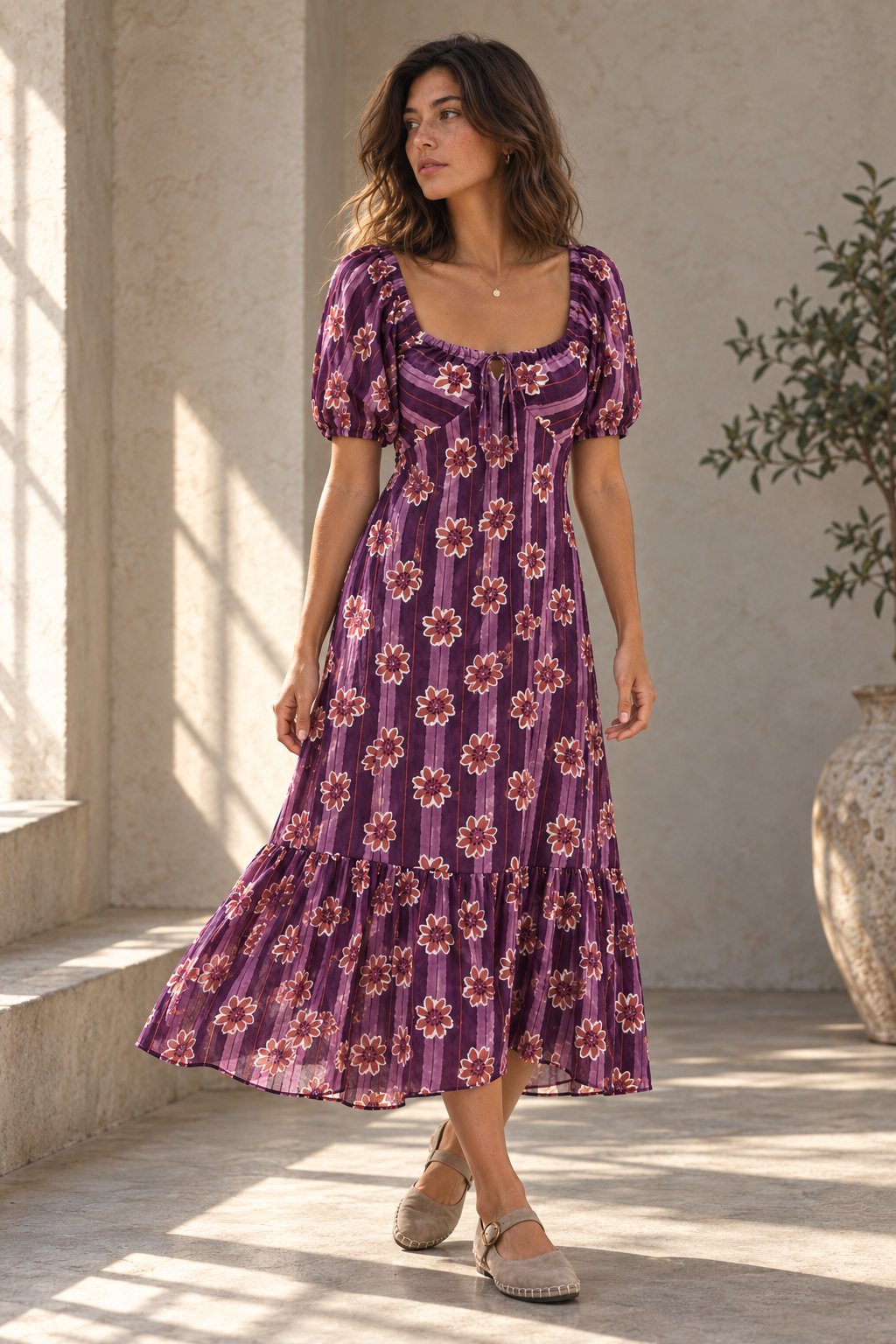 robe midi violette encolure carrée
