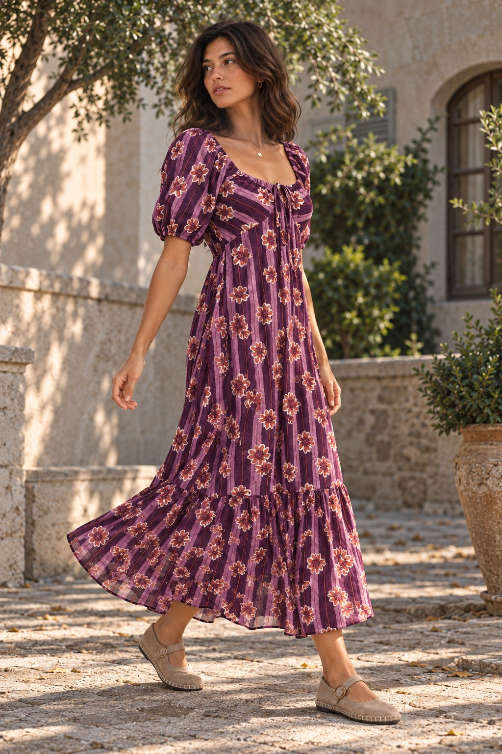 robe midi violette bas volanté