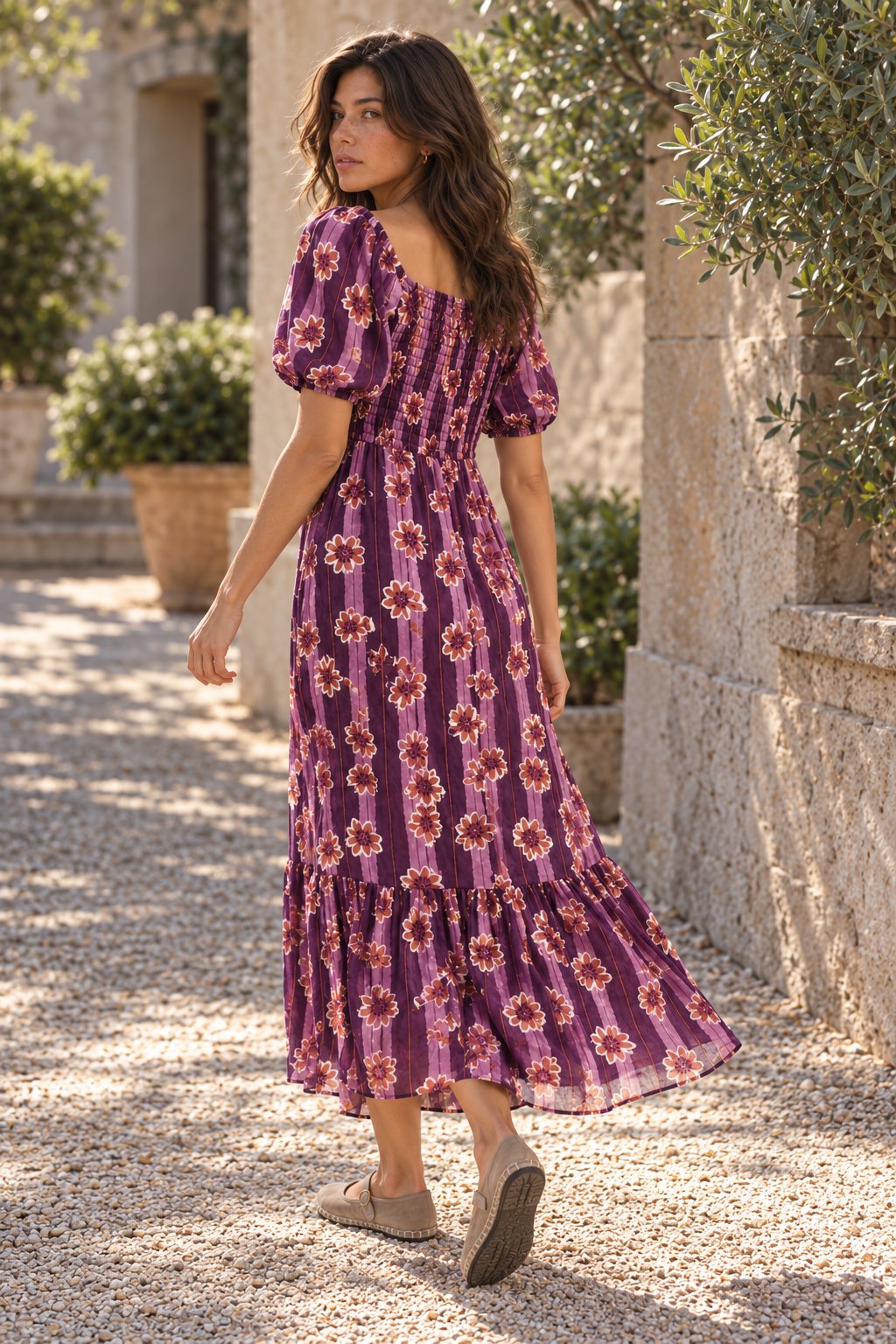 robe midi violette dos smocké