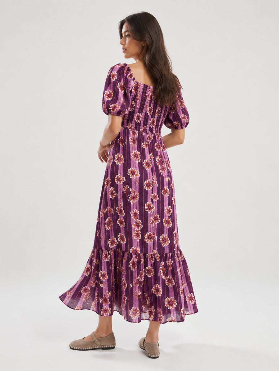 robe midi violette dos smocké