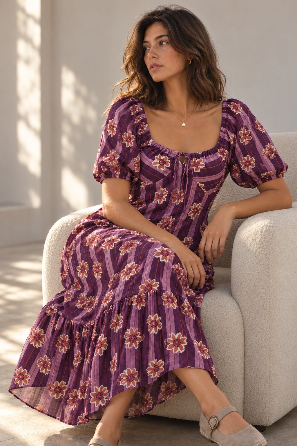 robe midi violette décolleté carré avec lien