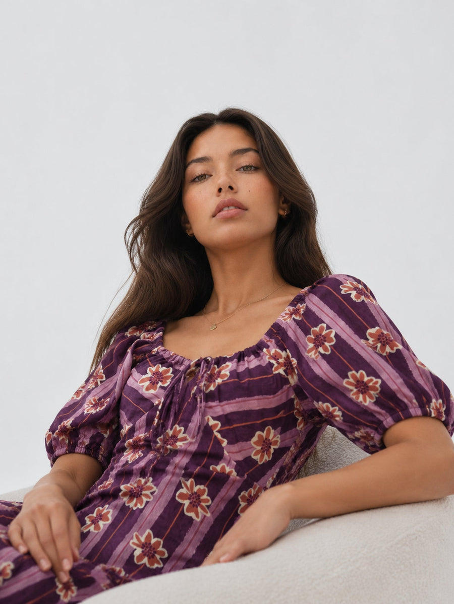 robe midi violette décolleté carré avec lien
