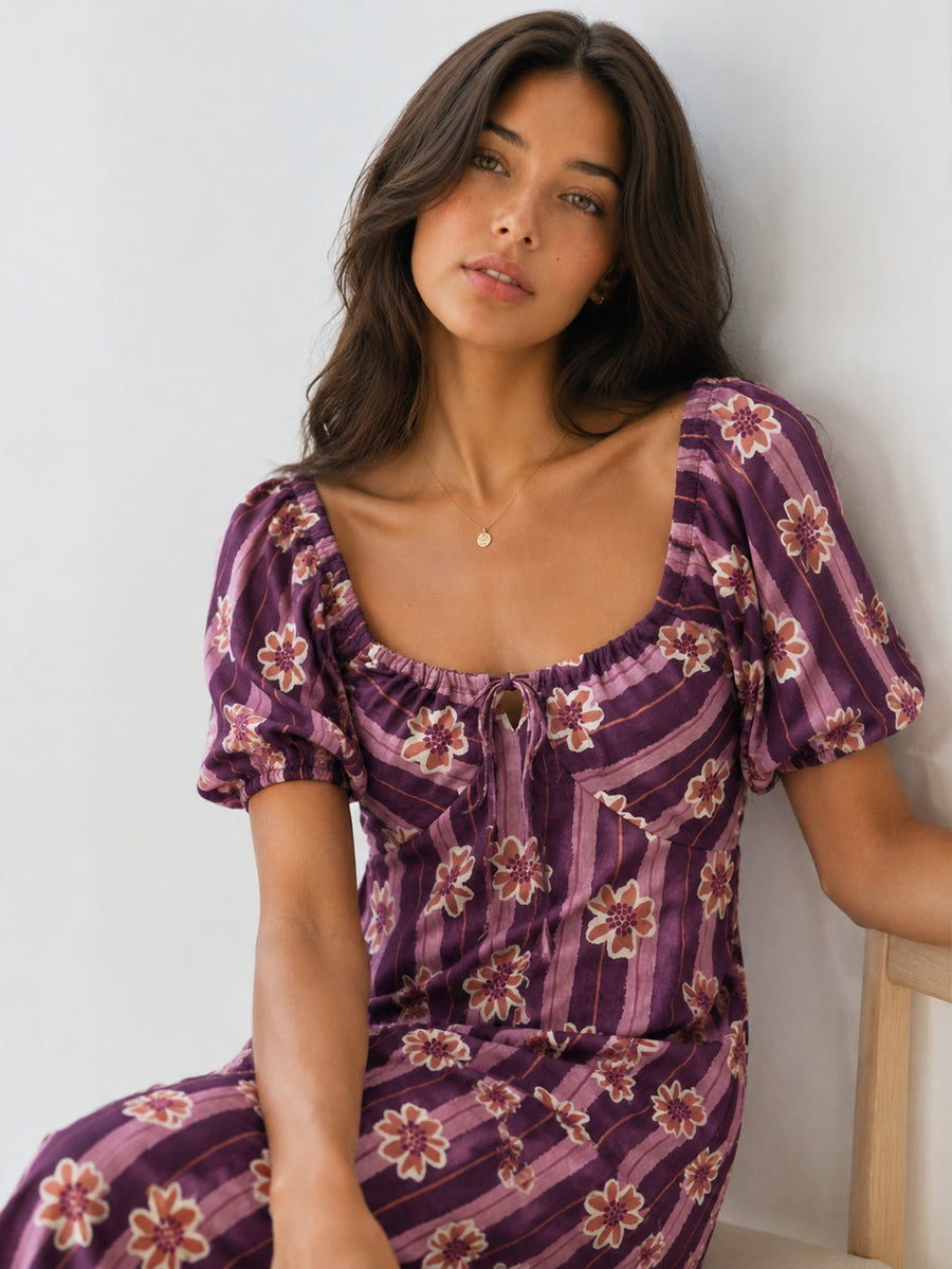 robe midi violette imprimé fleuri
