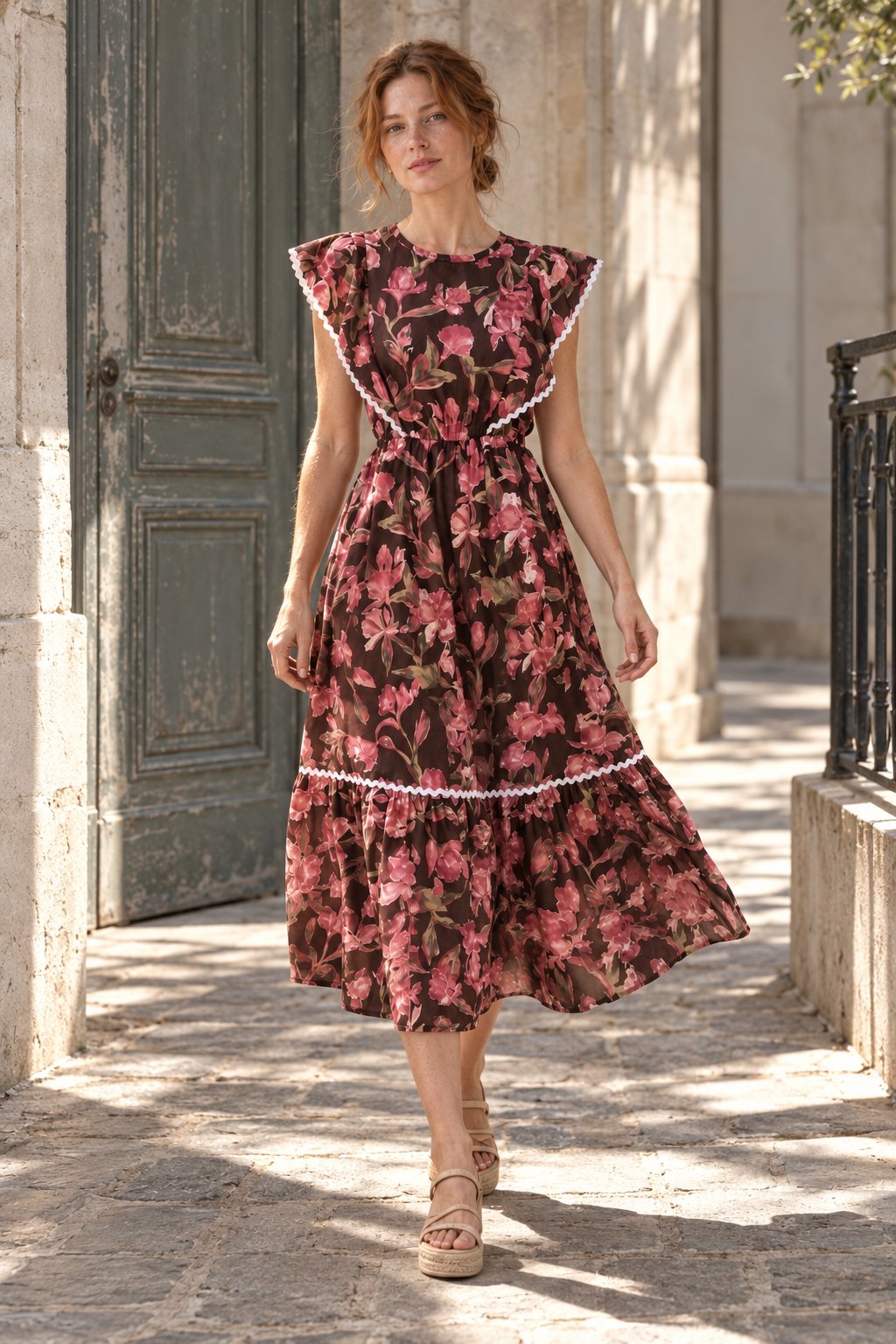 Robe midi fleurie marron