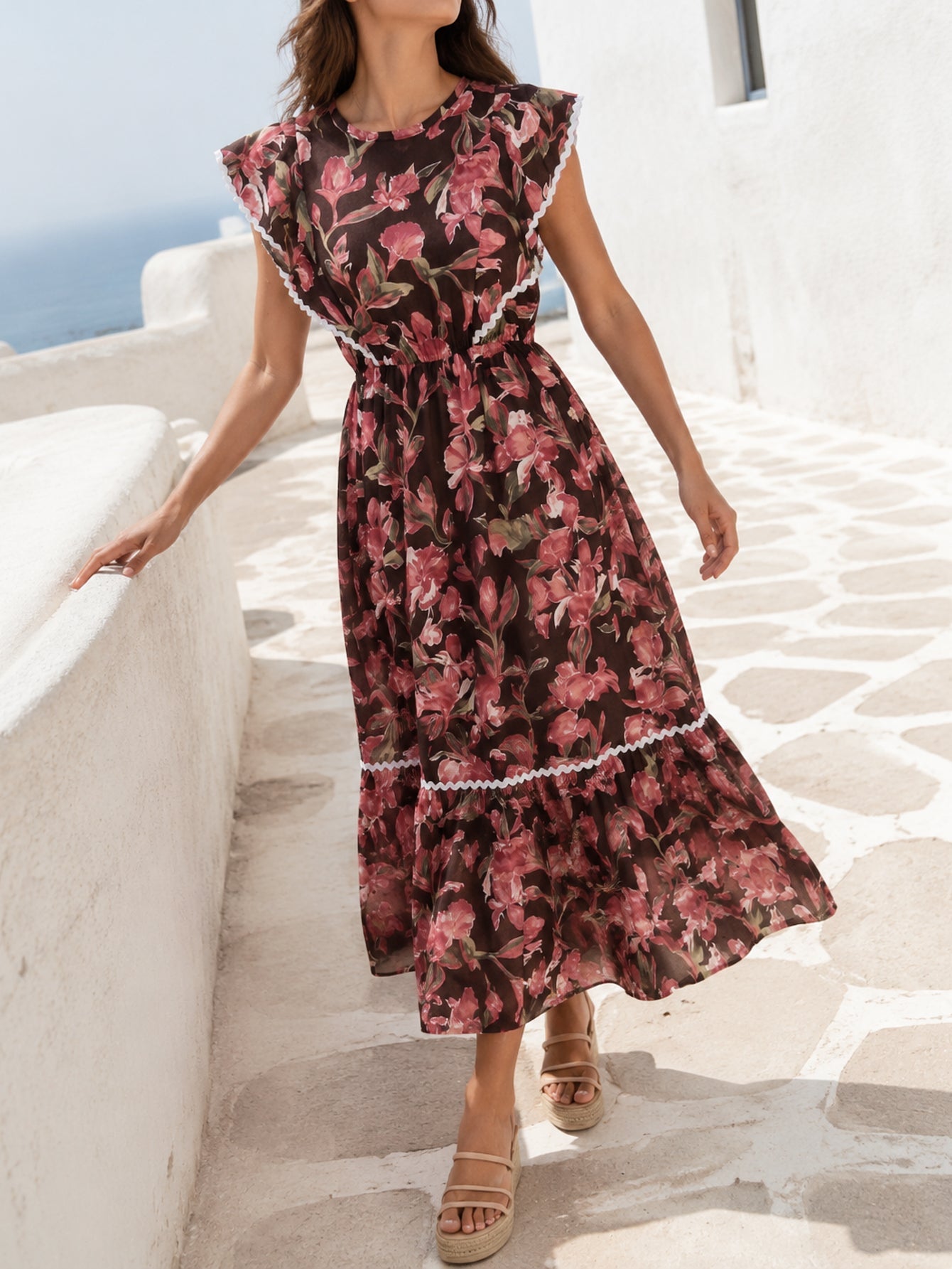 Robe midi fleurie marron
