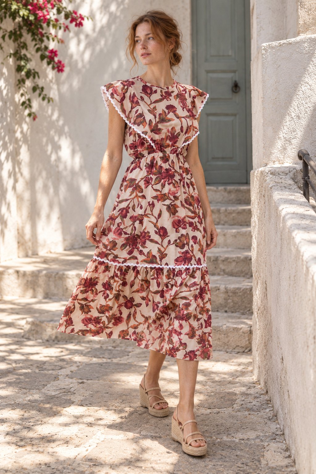 Robe midi fleurie beige