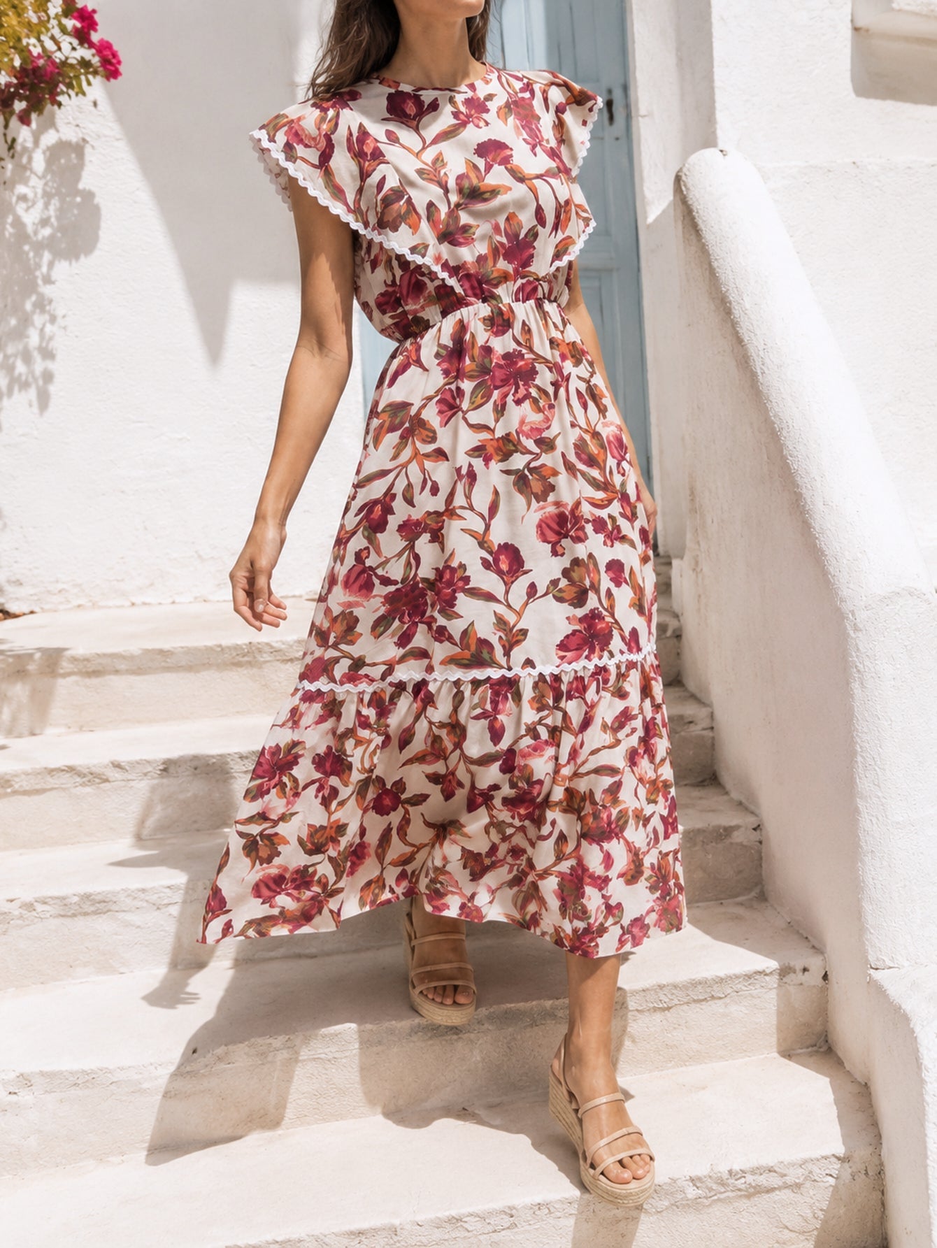Robe midi fleurie beige