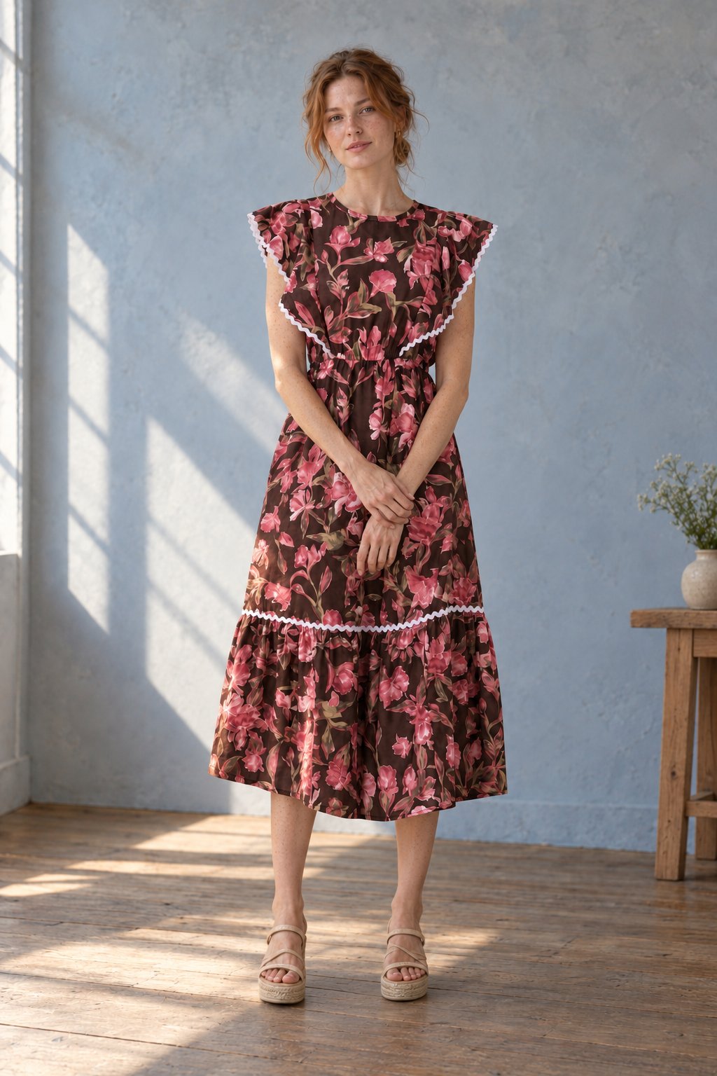 Robe midi fleurie marron face