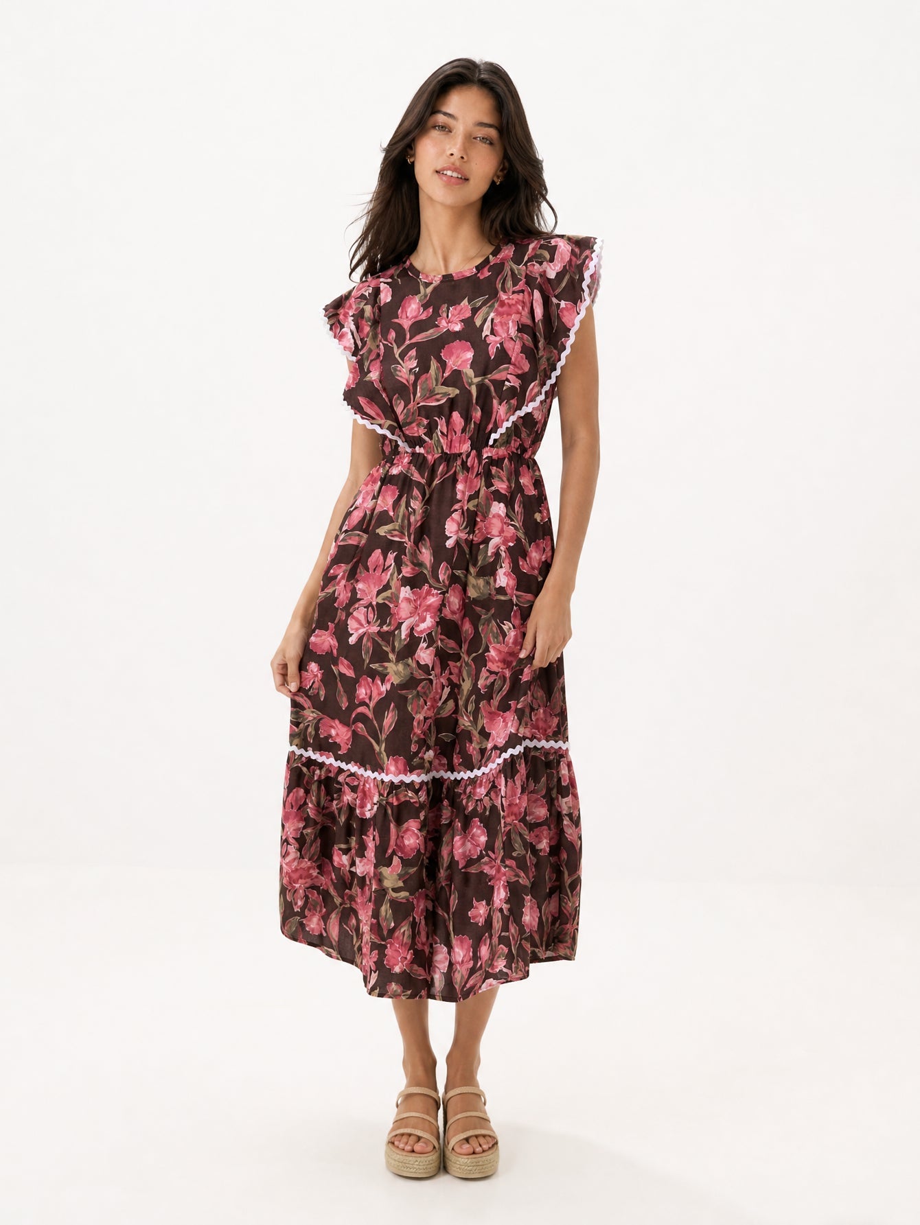 Robe midi fleurie marron face