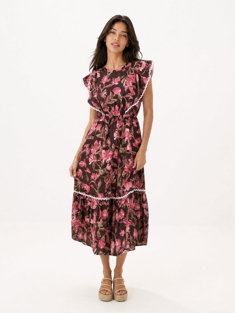 Robe midi fleurie marron face