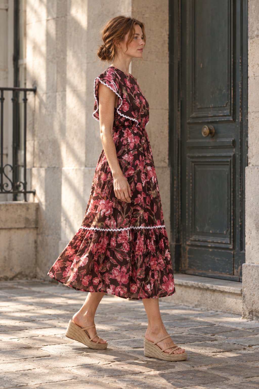 Robe midi fleurie marron profil