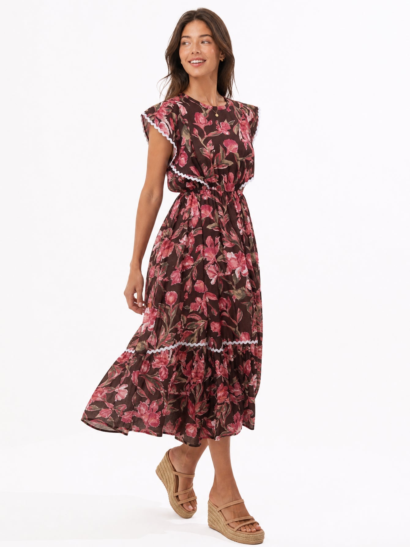 Robe midi fleurie marron profil