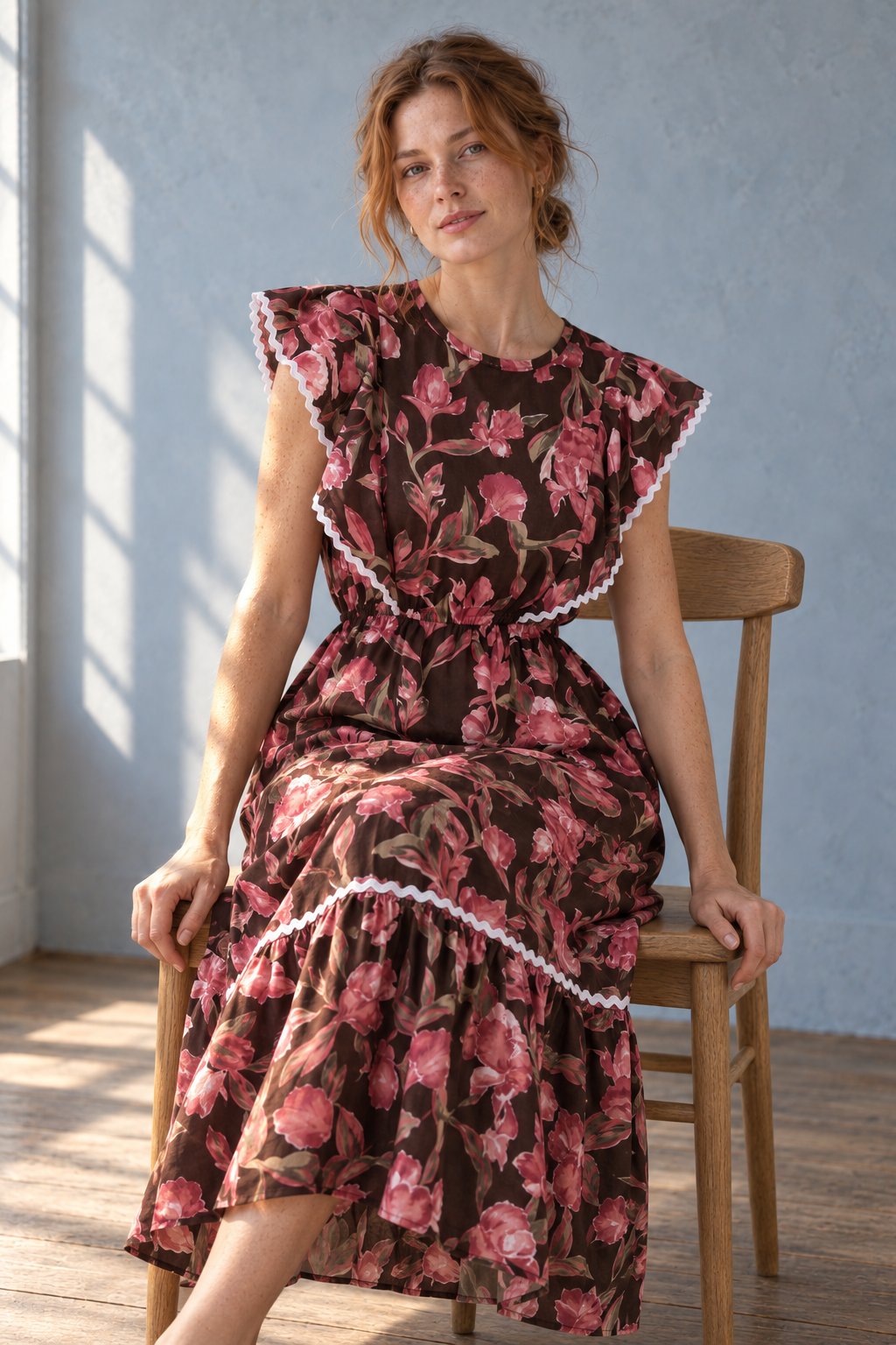 Robe midi col rond marron