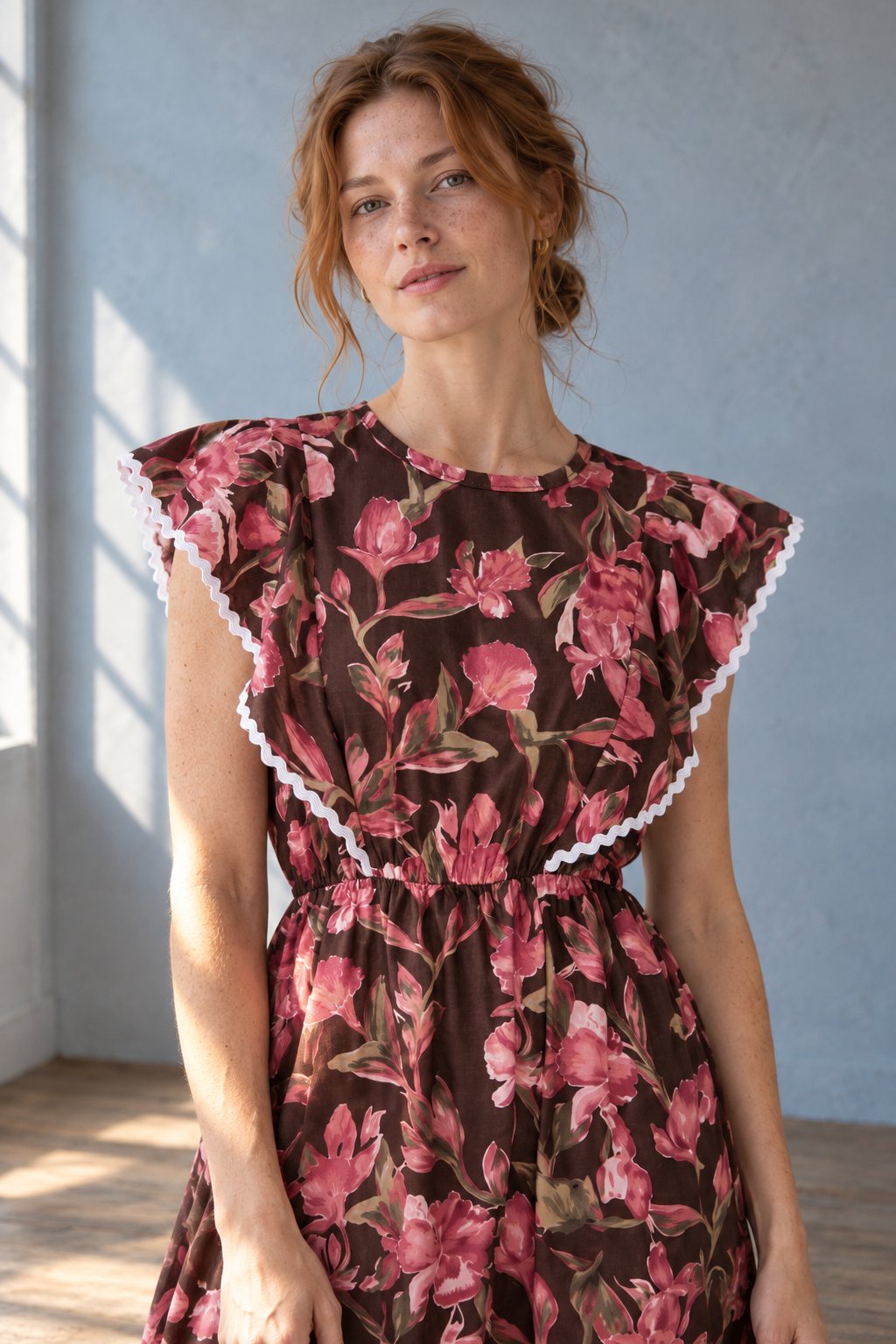 Robe midi mancherons volantés marron