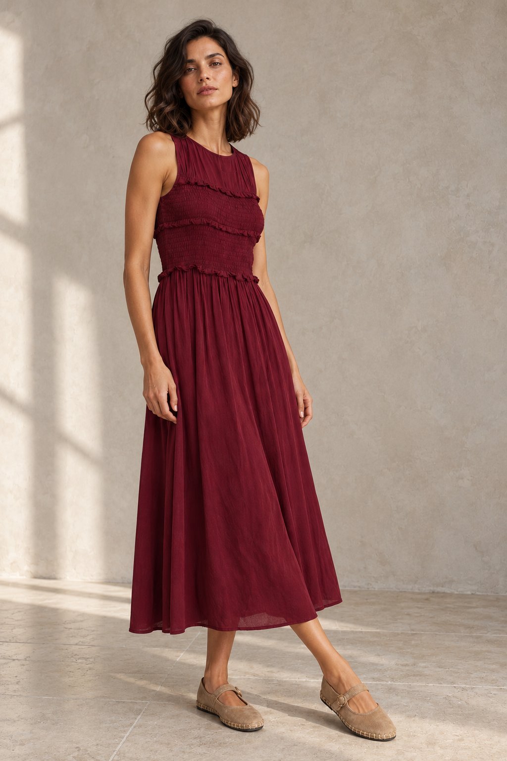Robe midi fluide à buste smocké