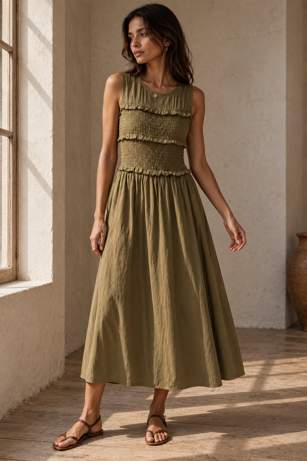 Robe midi fluide à buste smocké