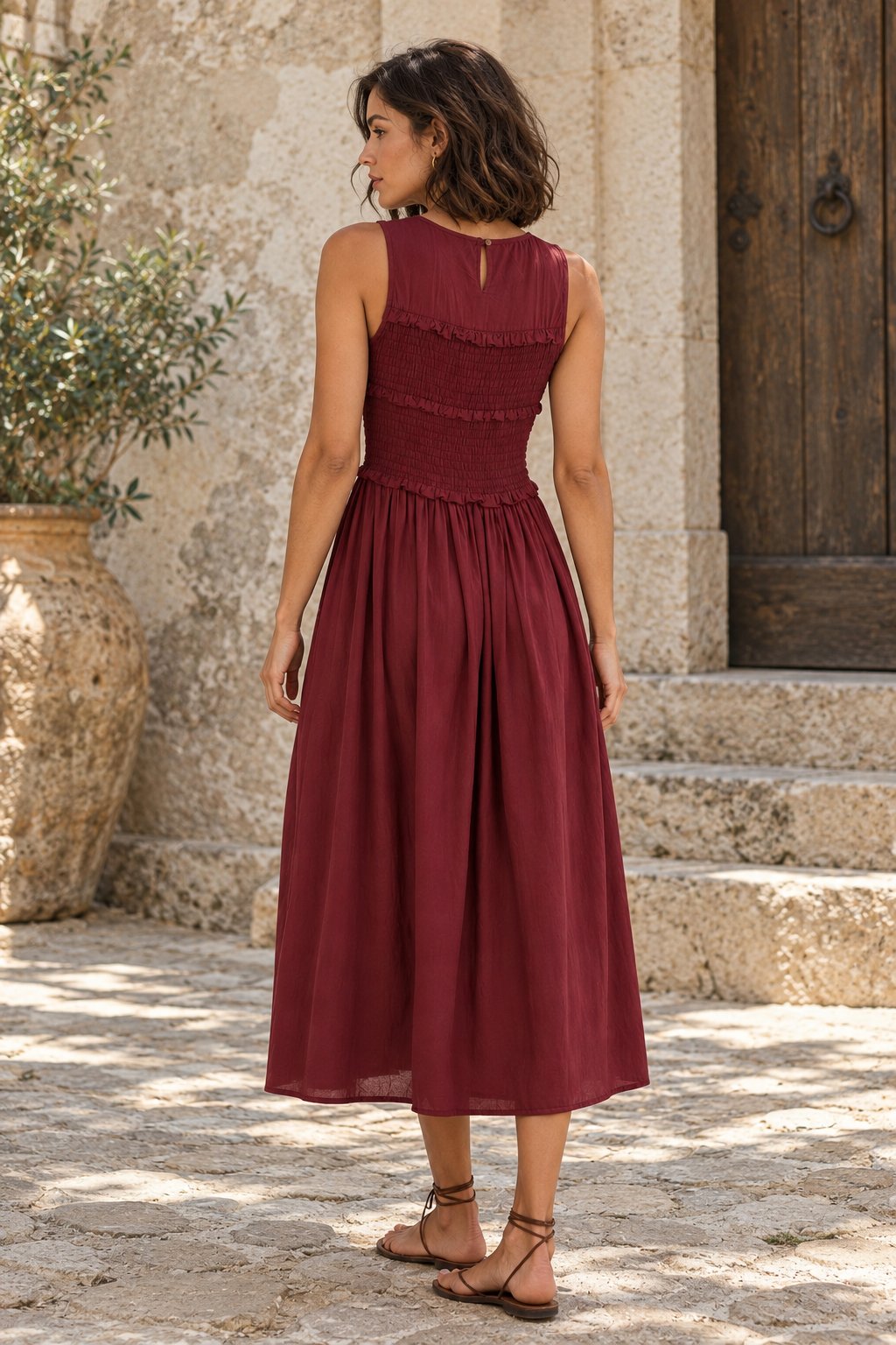 Robe midi fluide à buste smocké
