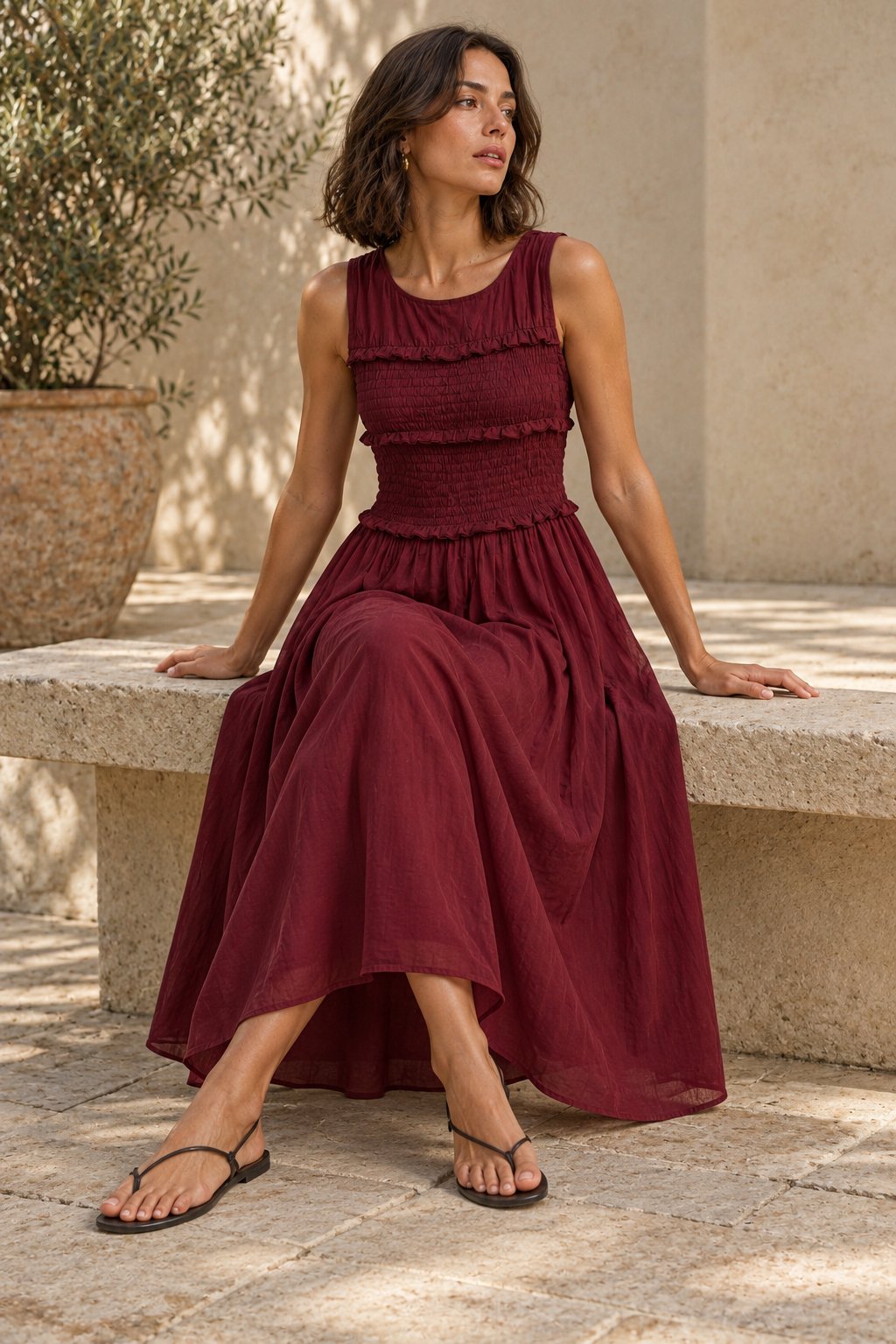 Robe midi fluide à buste smocké