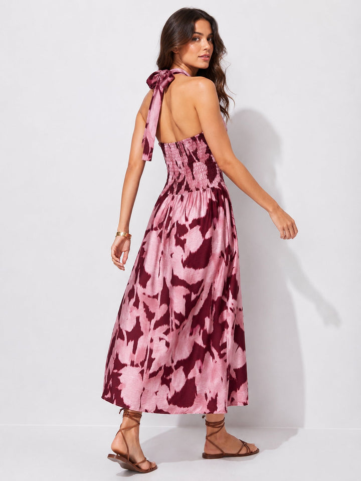 Robe midi halter dos nu imprimée