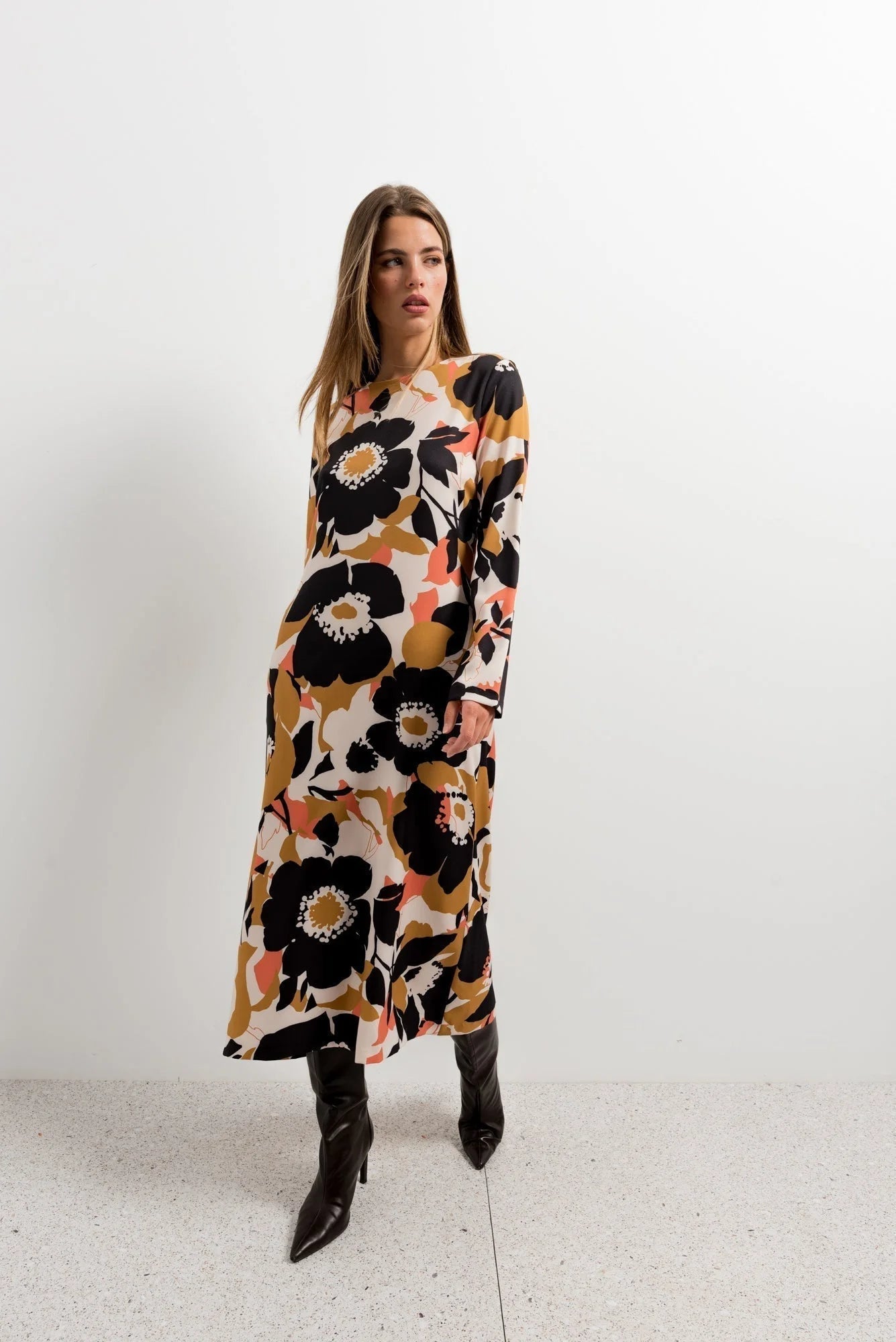Robe midi imprimé floral à manches longues, élégante robe midi à motif floral