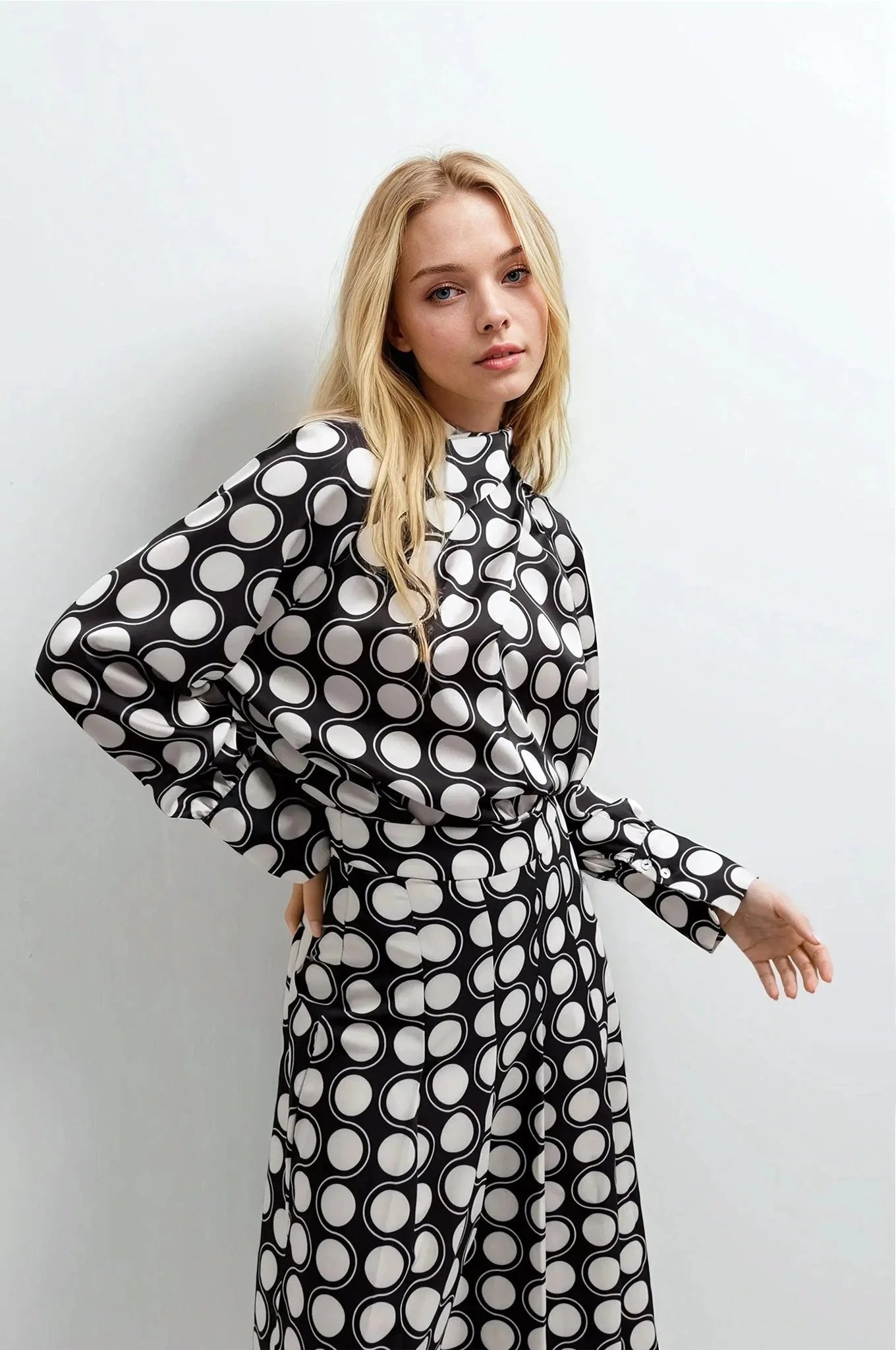 Jupe midi imprimée noire et blanche à pois, robe longue pour femmes élégantes