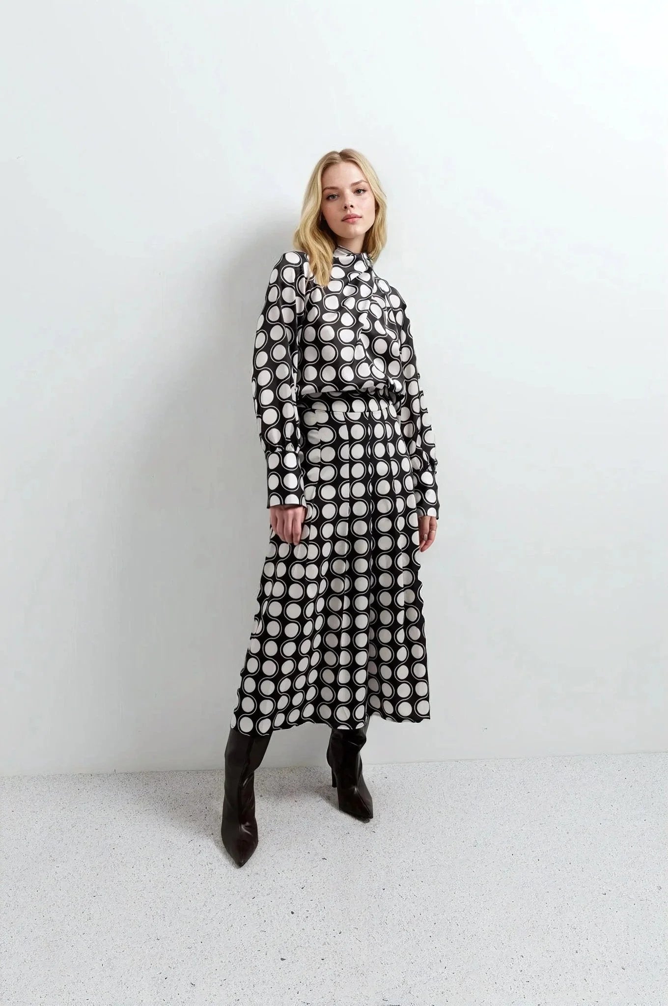 Jupe midi imprimée, robe chemise à pois, longue manches, col, style élégant