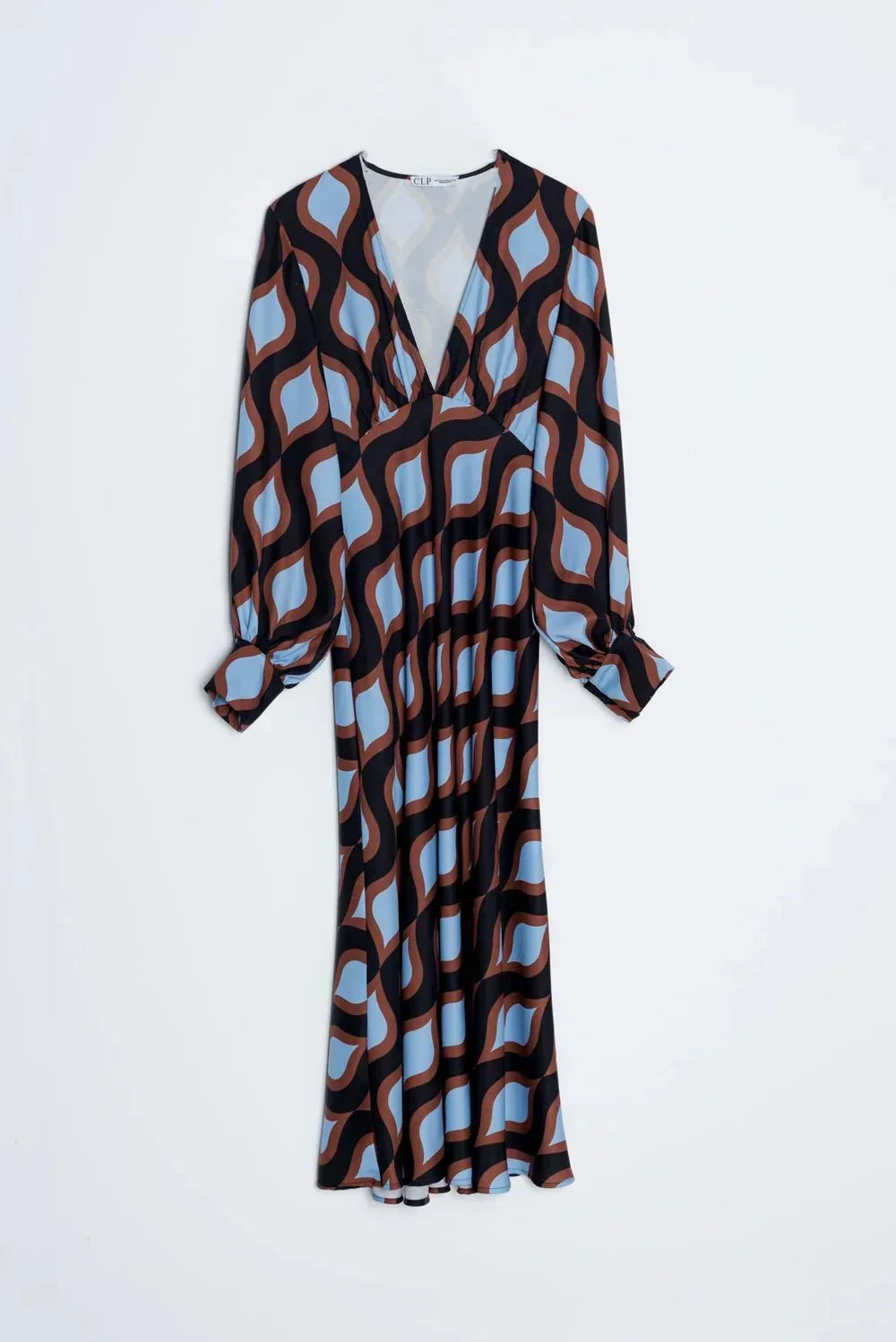 Robe midi imprimée à vagues géométriques avec manches longues et V-neckline