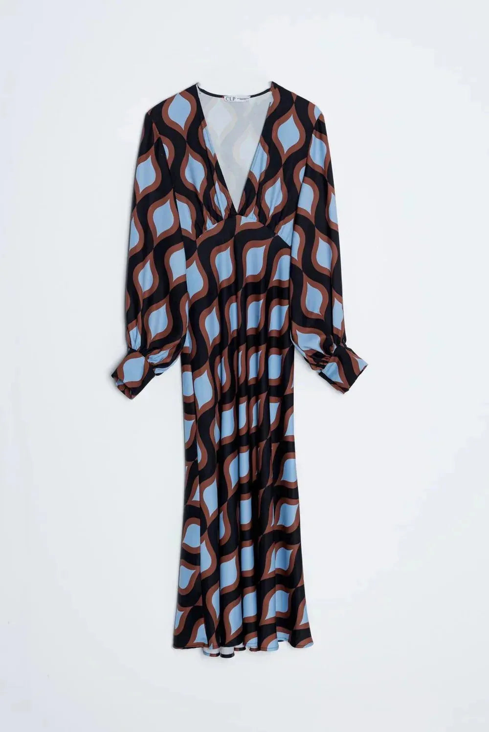 Robe motif géométrique midi, vue de dos, avec décolleté en V et manches bouffantes, soulignant sa coupe fluide.