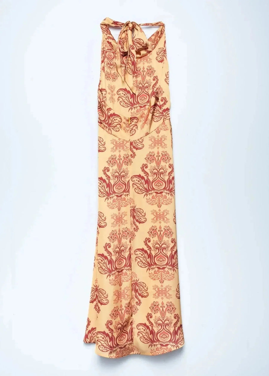 Robe longue orange imprimée chic avec dos nu, longue, fluide et motif damassé foncé