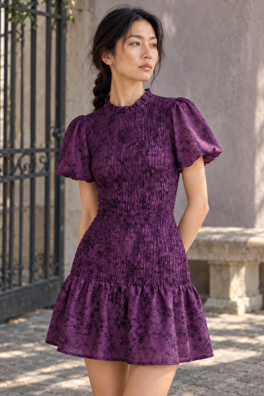 Détail du col volanté robe violette