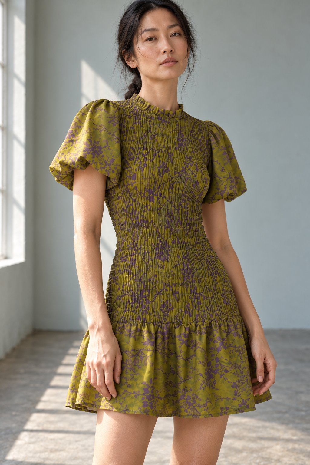 Détail des smocks du buste robe fleurie
