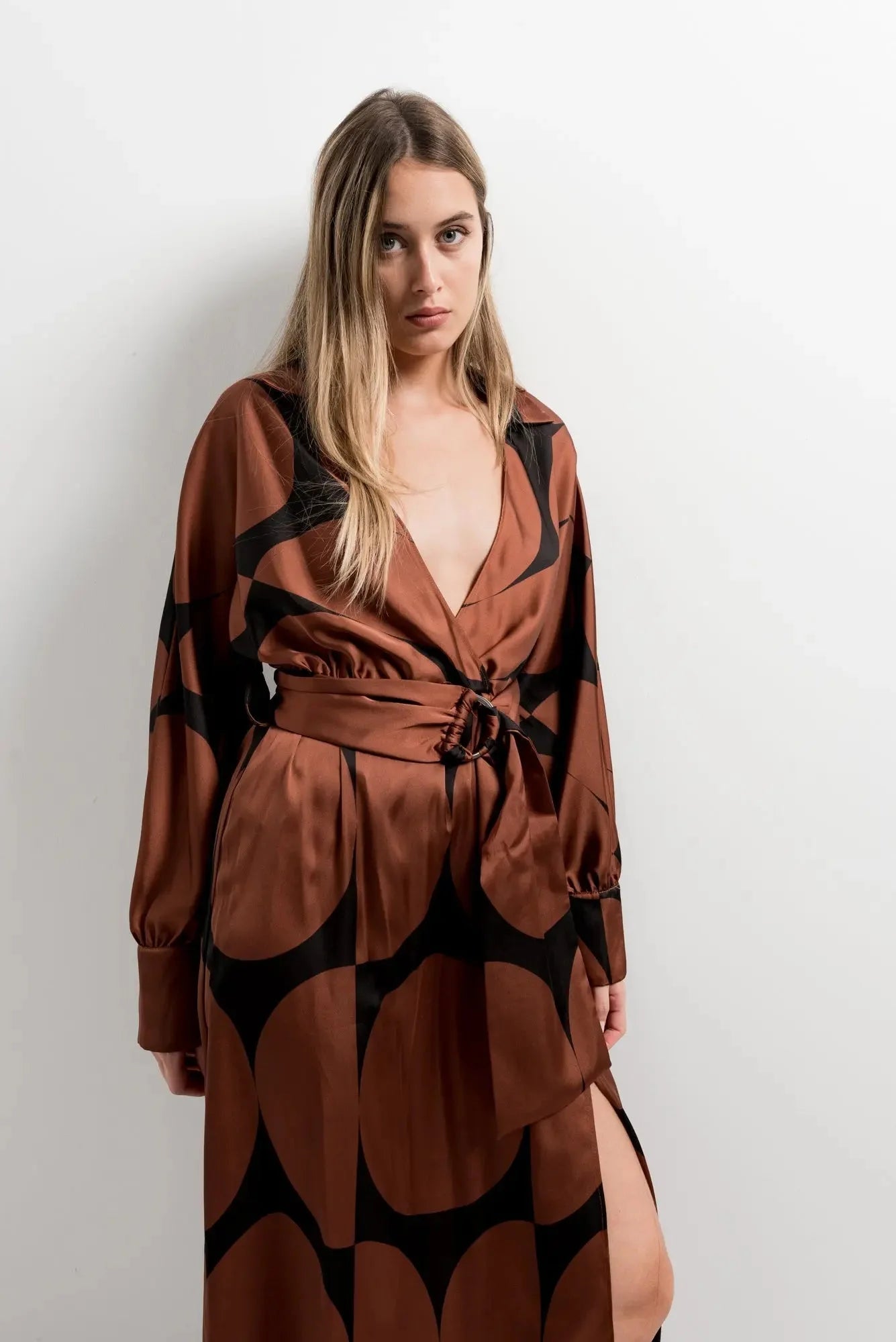 Robe portefeuille à imprimé géométrique pour femmes, longue à manches longues, fente