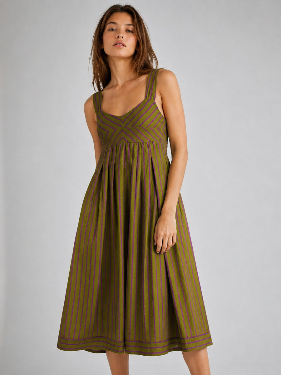Robe midi rayée vert olive détail buste à chevrons