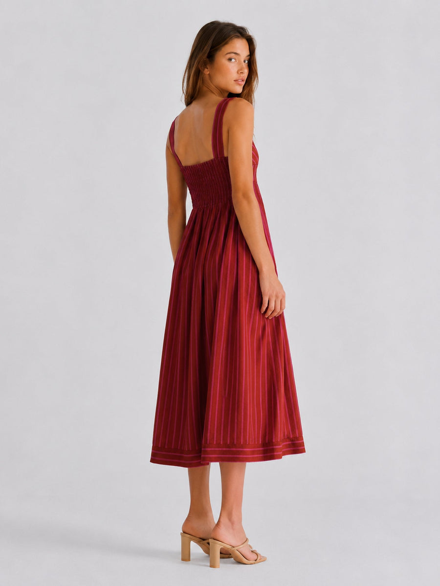 Robe midi rayée dos smocké