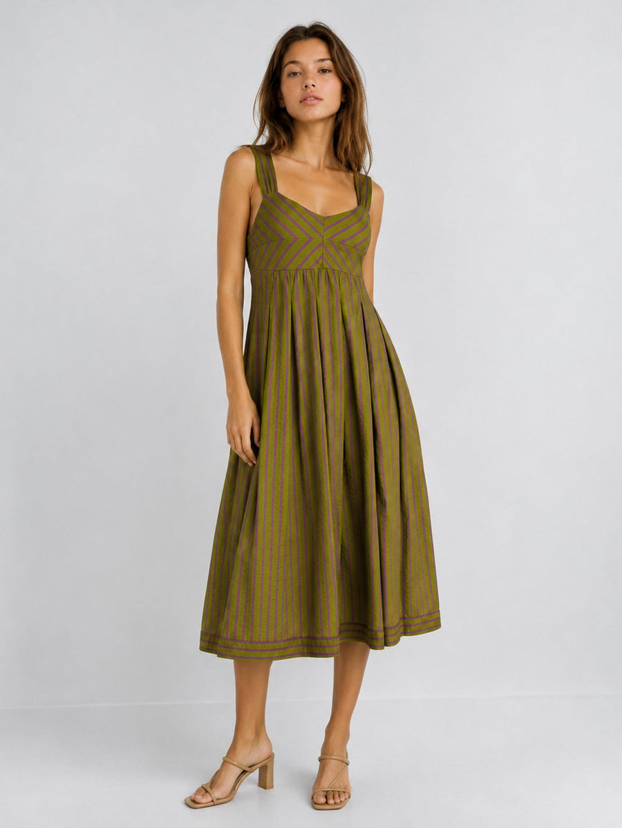 Robe midi rayée vert olive vue de face