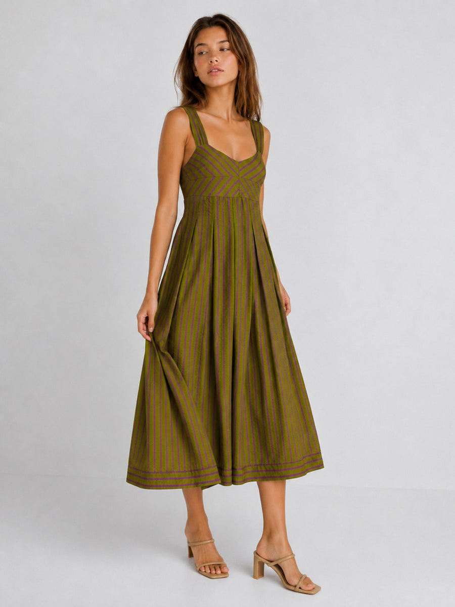 Robe midi rayée vert olive vue de profil