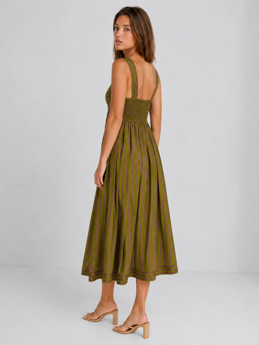 Robe midi rayée vert olive dos smocké
