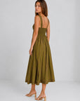 Robe midi rayée vert olive dos smocké