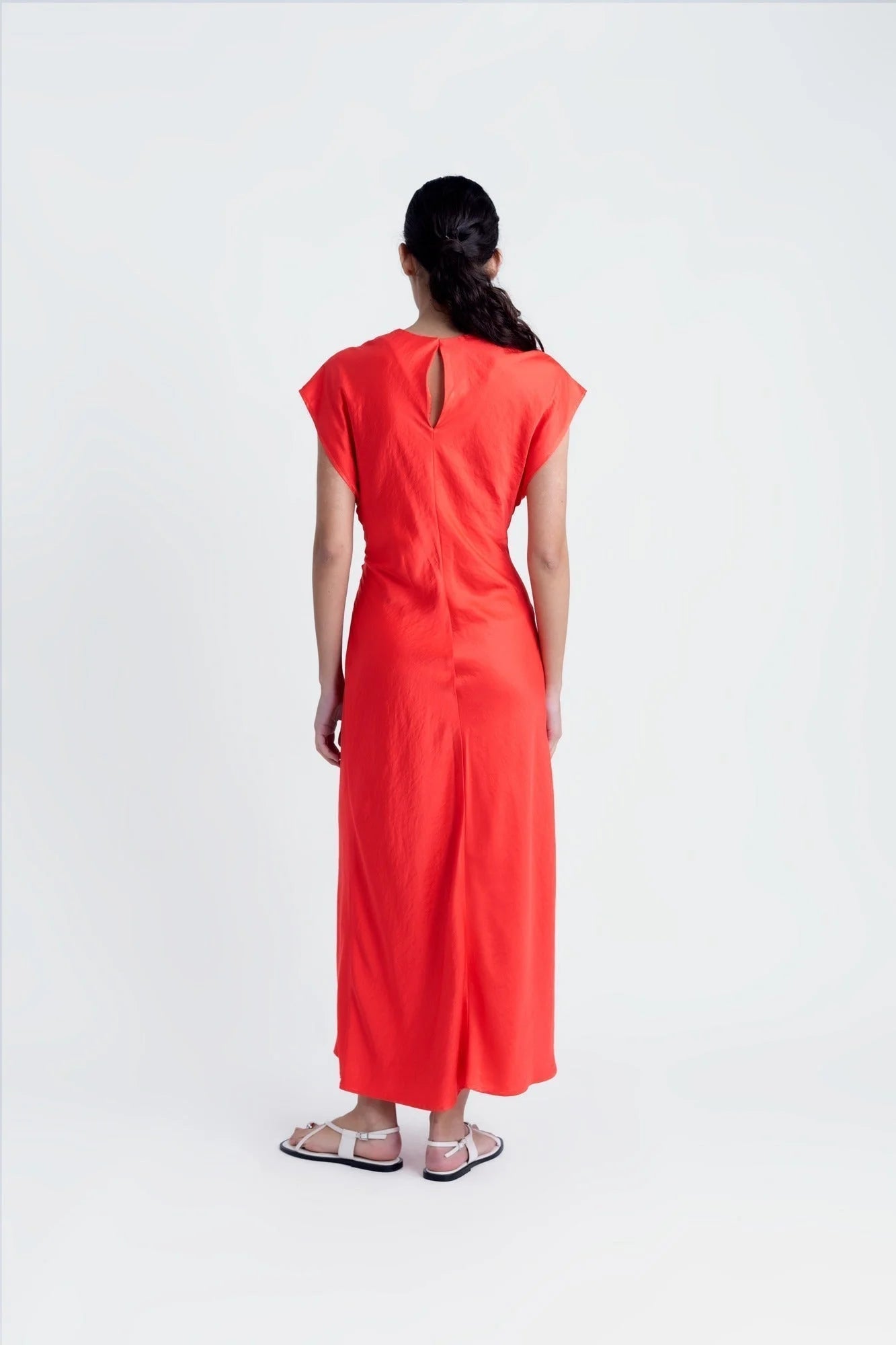 Robe rouge longue avec dos à clé et manches cap, élégante robe rouge longue