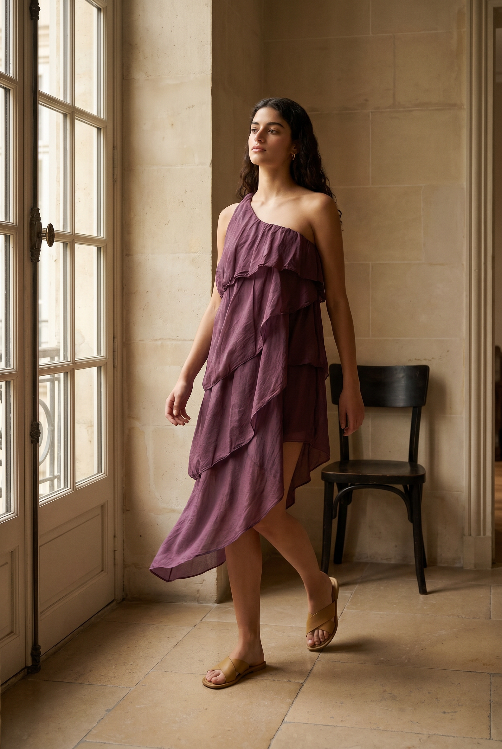 KDAPDT. Robe une epaule prune fluide a volants 1