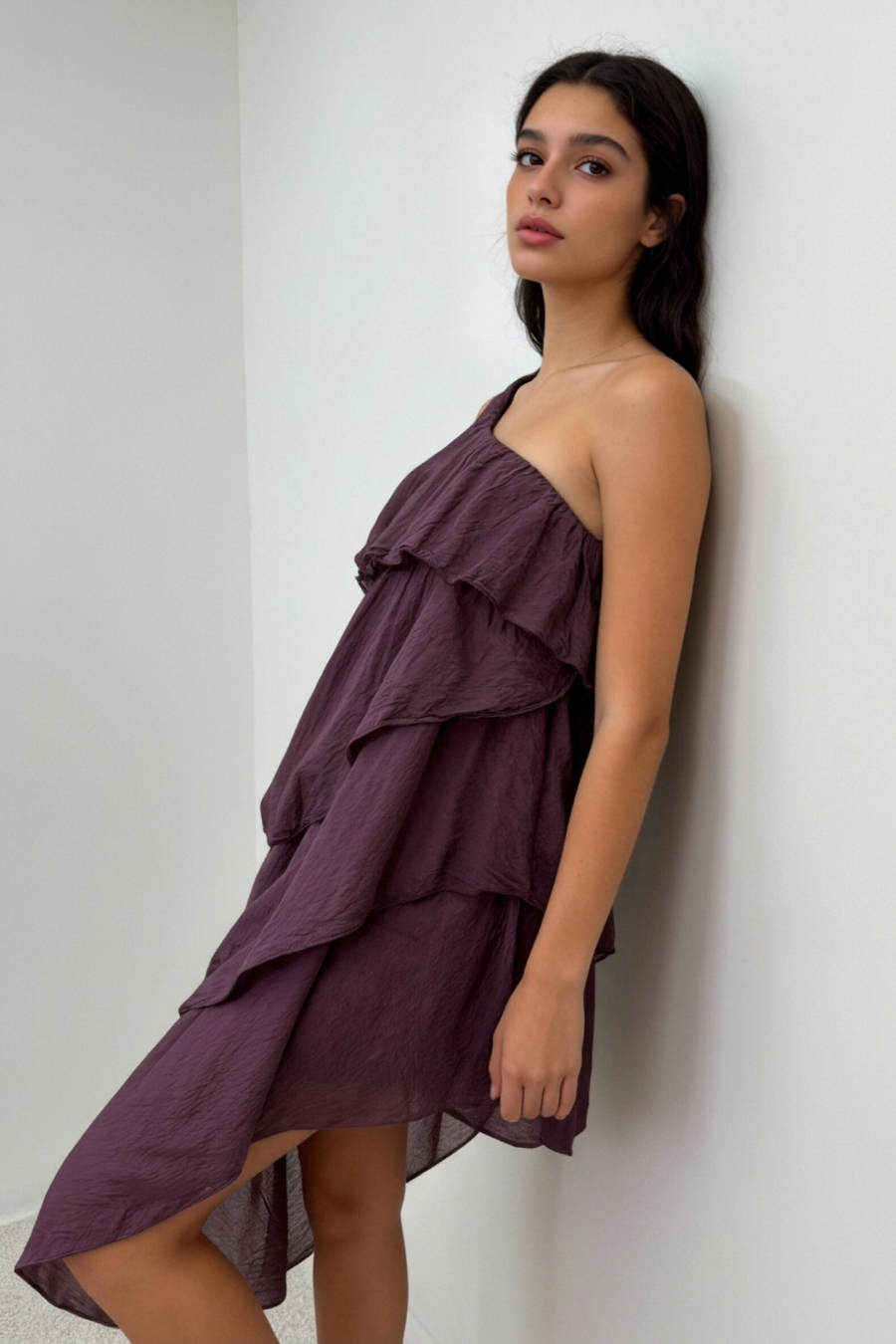 robe une epaule prune a volants highlow image 3