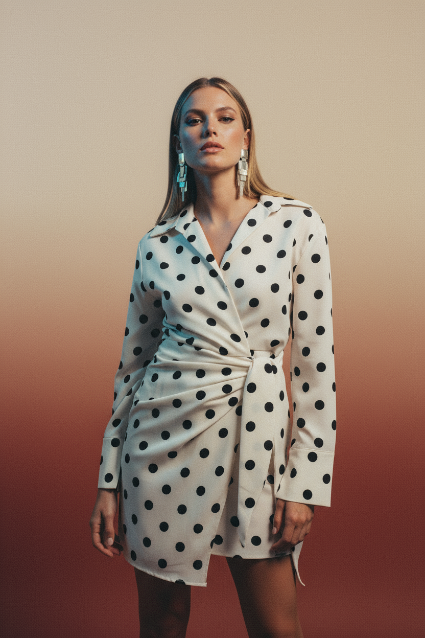 Femme en portrait proche dans une robe à pois noir et blanc, mini robe portefeuille élégante à manches longues, ajoutant une touche chic à son look.