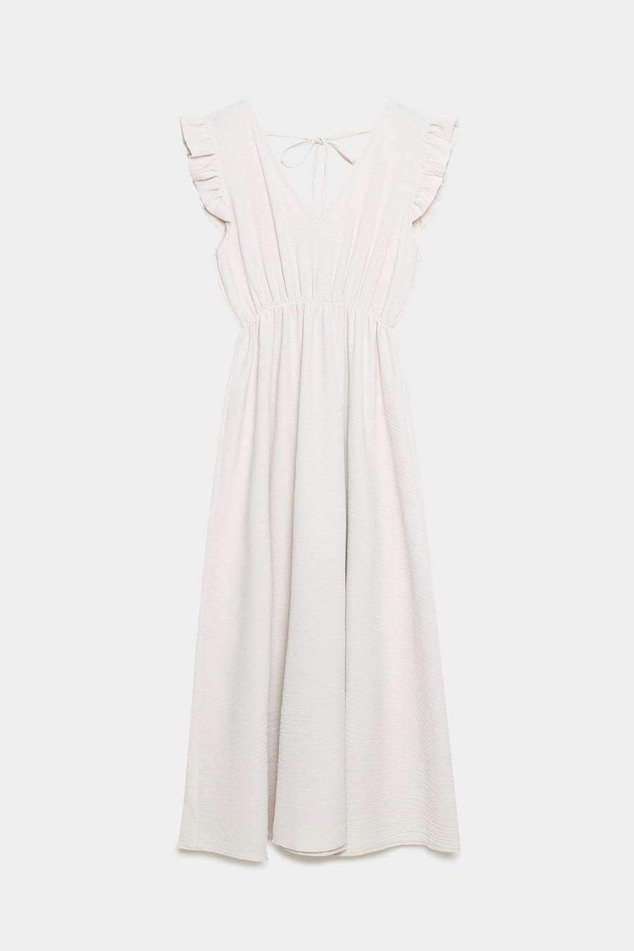 Robe midi fluide V-col sans manches taille élastique Italie en blanc, vue de front.