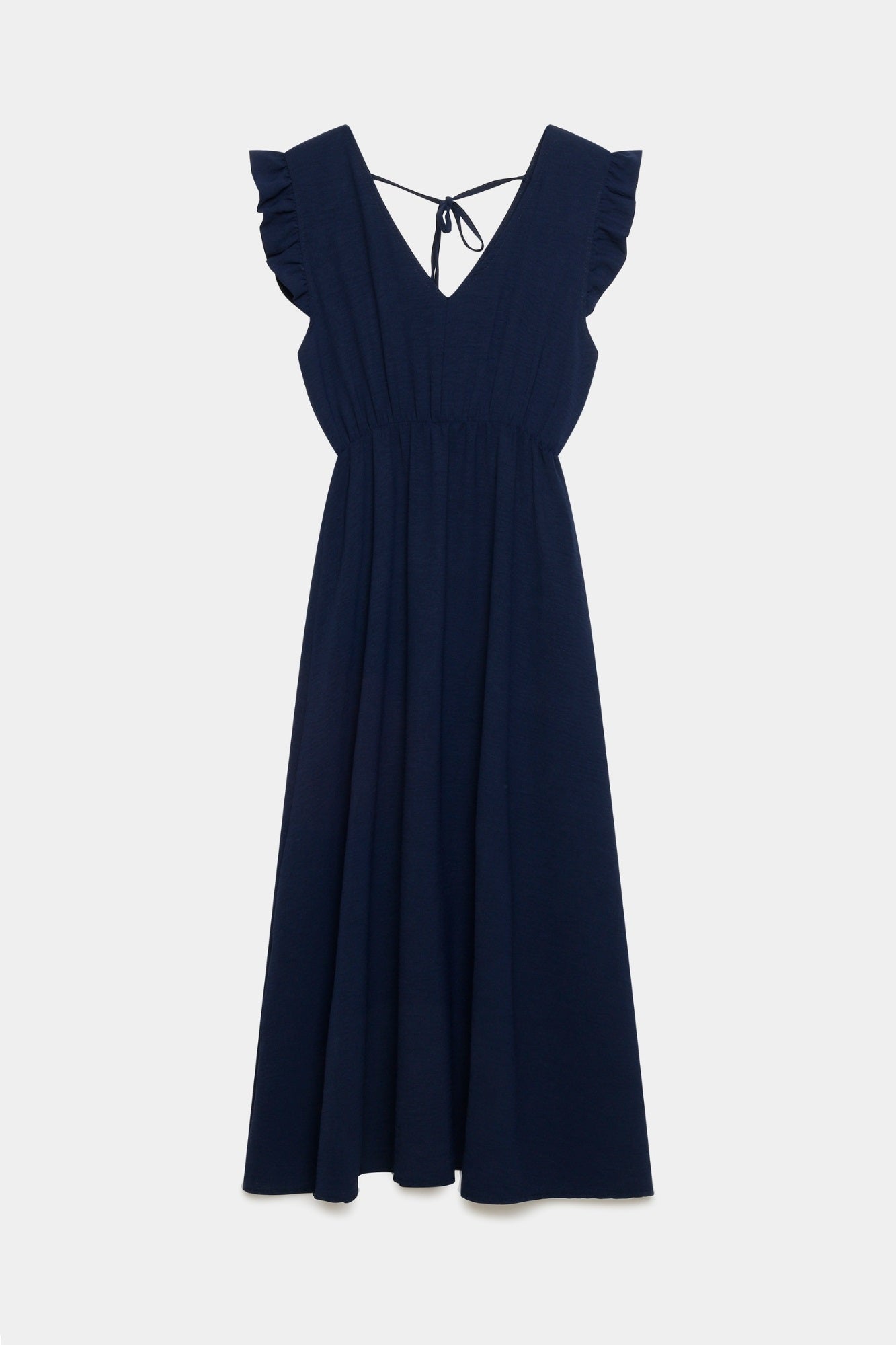 Robe midi fluide V-col sans manches taille élastique Italie, version bleu marine, présentation face.