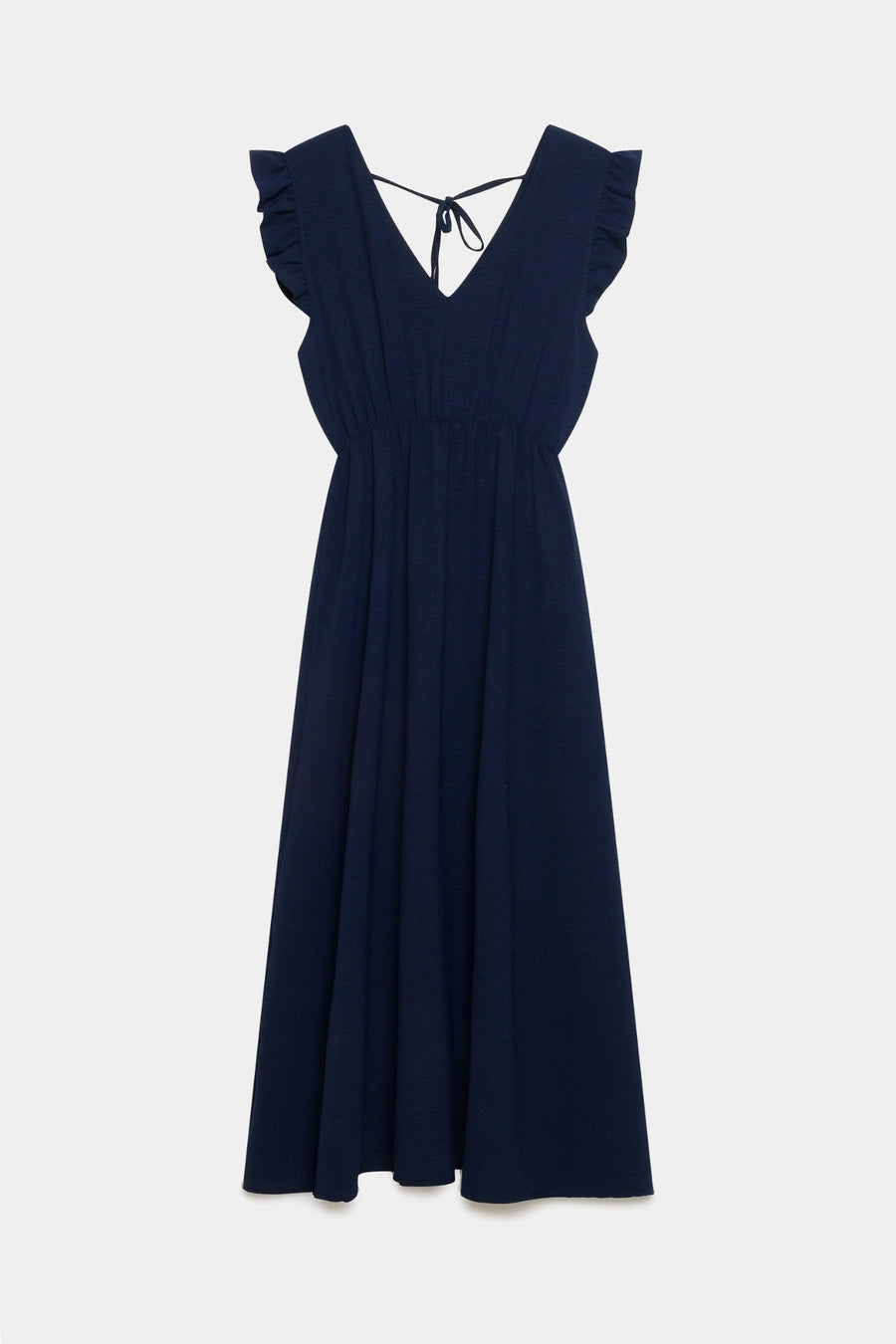 Robe midi fluide V-col sans manches taille élastique Italie, version bleu marine, présentation face.