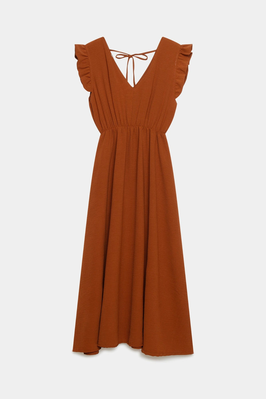 Robe midi fluide V-col sans manches taille élastique Italie en marron, version vue de face.