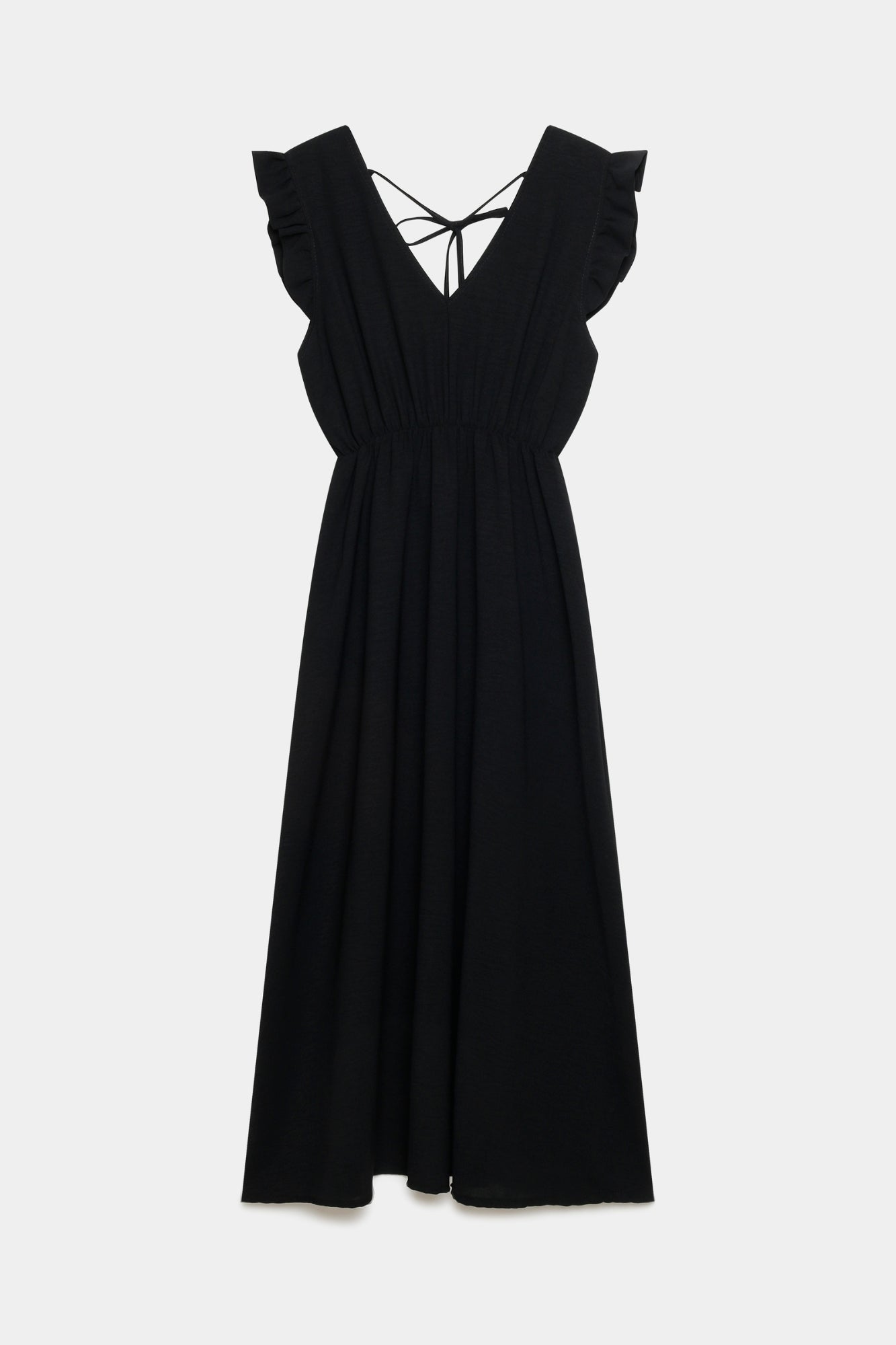 Robe midi fluide V-col sans manches taille élastique Italie en noir, modèle présenté.