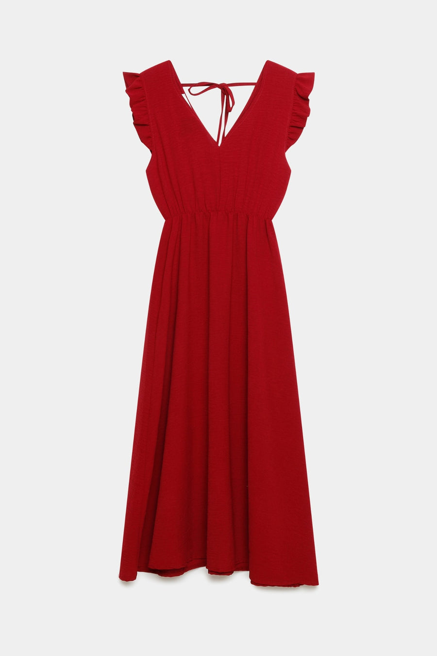 Robe midi fluide V-col sans manches taille élastique Italie en vert kaki, présentation face.