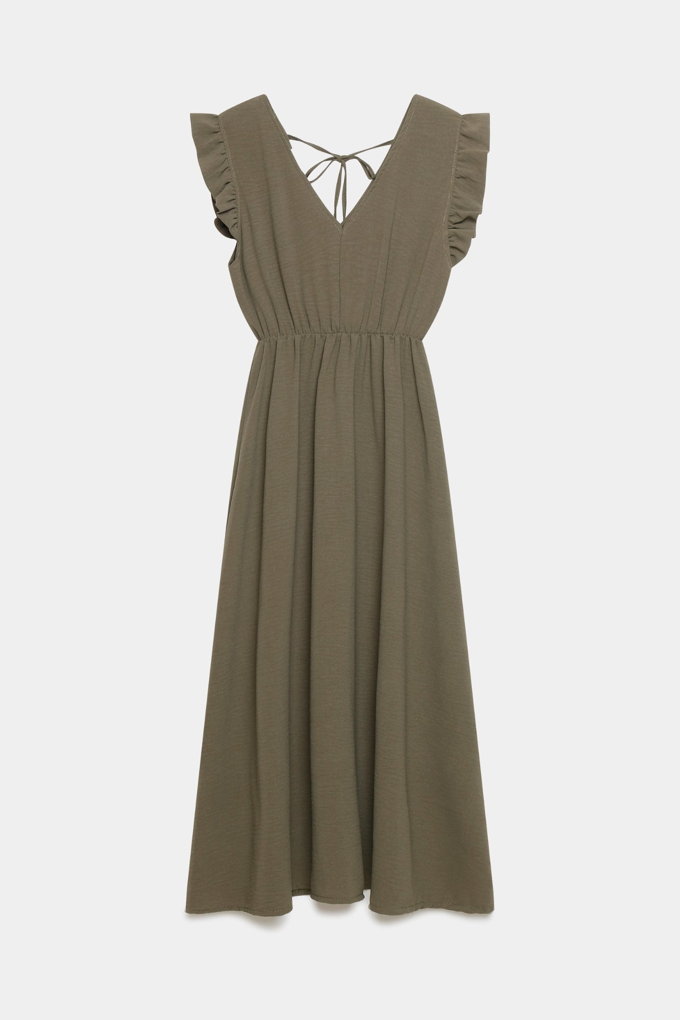 Robe midi fluide V-col sans manches taille élastique Italie en vert, version présentation.