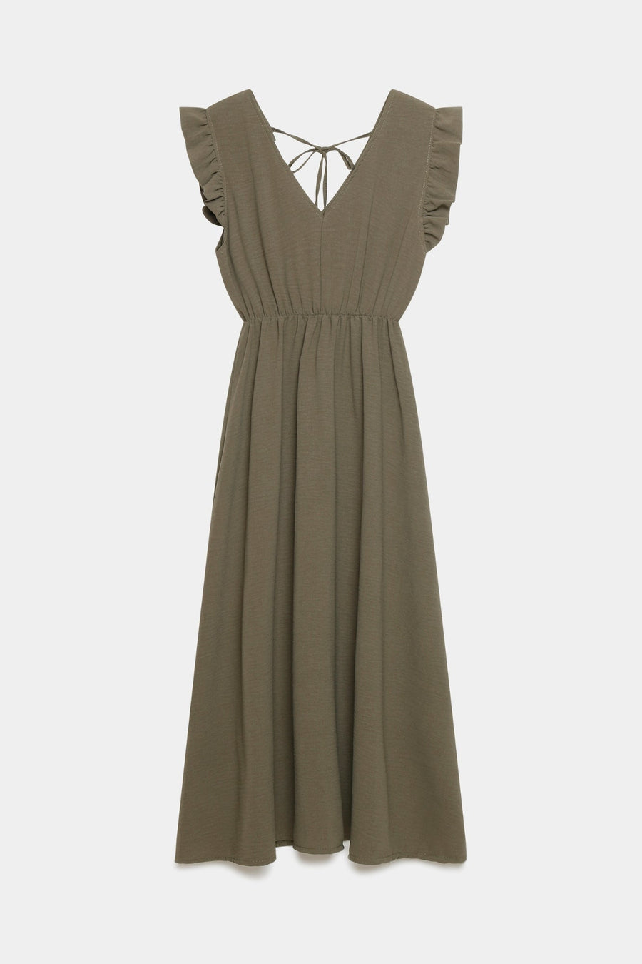 Robe midi fluide V-col sans manches taille élastique Italie en vert, version présentation.